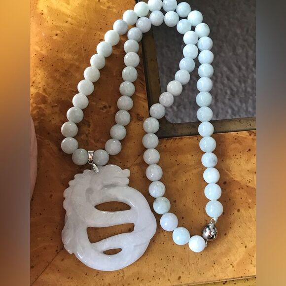 Natural Jade Sterling Silver Dragon Necklace - Picture 4 of 10